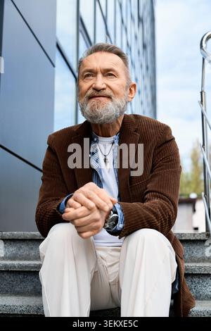 Bearded older man relaxes on steps, enjoying the urban vibe and views. Stock Photo