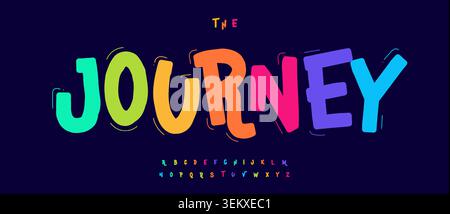 Fun Kid Font Joyful Journey Logo Alphabet Cartoon Letter Set Modern Typography, Cool Typographic Design for Adventure Comics Headline, Carnival Stock Vector