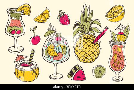 Hand drawn tropical cocktails sketch set. Vector illustration of line art fruit and alcohol drinks, pineapple, coconut, lemon and watermelon slices, vintage doodle icons for summer menu poster design Stock Vector