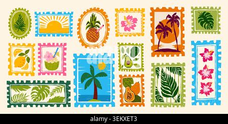 Tropical beach stamps set with summer cocktails. Vector illustration of vintage postcard patterns with fruit drinks, beach palm tree, flowers and sun, hand drawn vacation prints, retro travel stickers Stock Vector