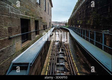 Funicular dos Guindais tracks in Porto city capturing infrastructure and transport Stock Photo