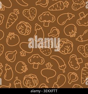 Vector seamless pattern with colorful hand drawn vegetable outlines, playful healthy food background with broccoli, garlic, potatoes, carrot, eggplant Stock Vector