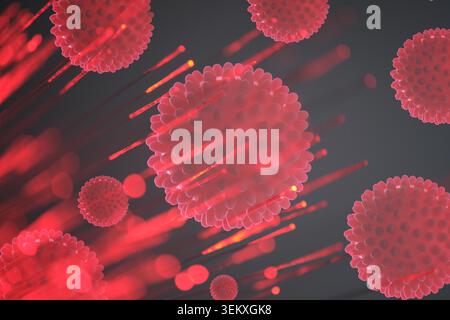 Abstract red virus cells illustration with glowing laser rays on dark background graphics Stock Photo
