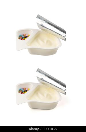 Yogurt cup isolated, yoghurt with colorful dragees in plastic pot, milk pudding container, glazed chocolate buttons, dairy food small package on white Stock Photo