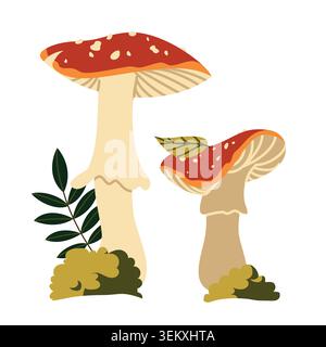 Red Fly Agaric Mushrooms Vector Illustration Flat Geometric Toadstool Forest Element Stock Vector