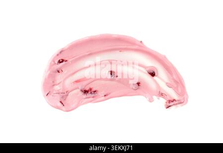 Yogurt smear isolated, white yoghurt with cherry jam splash, pink milk pudding splatter, dairy food splash on white background Stock Photo