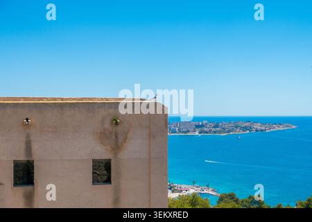 Seagull on Stone Building Wall with Sea and City in Background Stock Photo