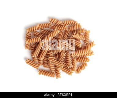 Raw Brown Pasta Isolated, Wholegrain Fusilli Pile, Dry Whole Grain Noodle, Raw Spelt Macaroni, Healthy Italy Food, Organic Meal, Wholewheat Spiral Pas Stock Photo