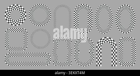 Frames with checkered pattern. Black and white circle chess border. Vector retro shapes with playful geometric squared mosaic elements. Stock Vector