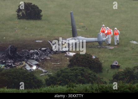 The scene in Sourton Down, near Okehampton in Devon, where a Royal Navy helicopter crashed in a field on Wednesday. Three members of the Royal Navy have died in the crash. Picture date: Thursday June 4, 2026. Stock Photo