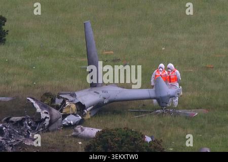 The scene in Sourton Down, near Okehampton in Devon, where a Royal Navy helicopter crashed in a field on Wednesday. Three members of the Royal Navy have died in the crash. Picture date: Thursday June 4, 2026. Stock Photo