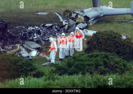 The scene in Sourton Down, near Okehampton in Devon, where a Royal Navy helicopter crashed in a field on Wednesday. Three members of the Royal Navy have died in the crash. Picture date: Thursday June 4, 2026. Stock Photo