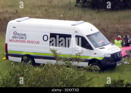 The scene in Sourton Down, near Okehampton in Devon, where a Royal Navy helicopter crashed in a field on Wednesday. Three members of the Royal Navy have died in the crash. Picture date: Thursday June 4, 2026. Stock Photo