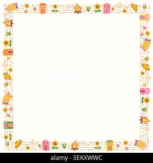 Festa Junina Square Vector Frame with Sunflower, Accordion, Corn, Straw Hat, Cute Brazilian Festival Border Stock Vector