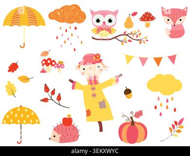 Cute autumn set in warm colors with animal characters, scarecrow and fall design elements for kids and babies Stock Vector