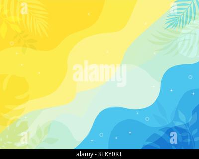 Abstract tropical background with flowing yellow and blue shapes, palm leaves and botanical silhouettes. Vector template Stock Vector