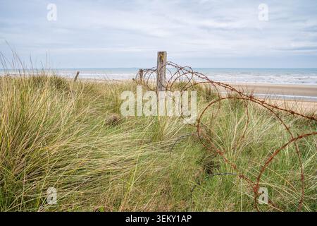 Rusty barbed wire coiled among wild grass and sand dunes at Utah Beach, Normandy. In the background, the empty beach and calm sea stretch out under an Stock Photo
