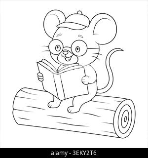 Vector Cartoon Outline Of A Cute Little Mouse Wearing Glasses Sitting On Wood Log Stock Vector