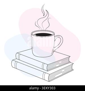 Vector Boho Illustration With Abstract Pastel Shapes Coffee Cup Line Art On Stack Of Books Stock Vector