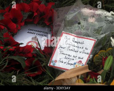 Flowers left near the scene in Sourton Down, near Okehampton in Devon, where a Royal Navy helicopter crashed in a field on Wednesday. Three members of the Royal Navy have died in the crash. Picture date: Thursday June 4, 2026. Stock Photo