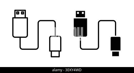 USB cable icon solid, line, and editable vector set. Stock Vector
