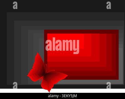 Background, letterhead, Logo Vector Design with multiple squares in different layers of colours and shades of gray and red with a large red butterfly Stock Vector