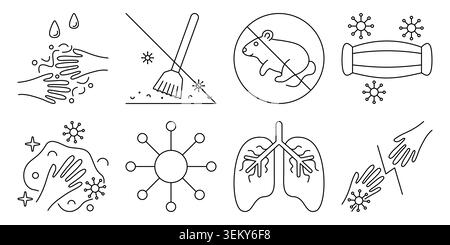 Hantavirus black line vector icon set, editable stroke. Precautions and routes of infection with the virus. Outline monochrome sign collection, isolat Stock Vector