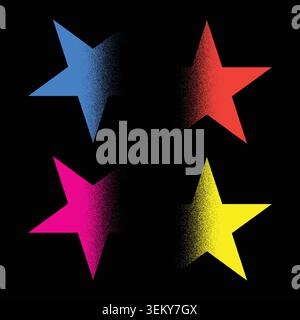 Retro grainy star shapes with stipple noise gradient on black background Stock Vector