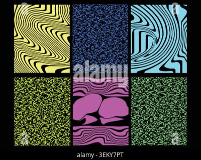Retro psychedelic pattern set with wavy lines and noise textures on black Stock Vector
