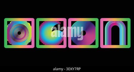 Psychedelic neon circle patterns in frames with psychedelic abstract illusion Stock Vector
