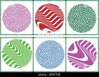 Abstract colorful circular patterns with wavy stripes and noise textures Stock Vector
