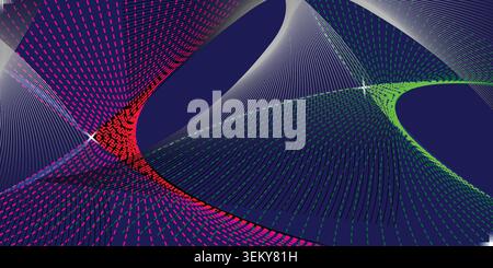 Abstract background with swirling lines and dots in pink, green, and red on a dark blue background Stock Vector