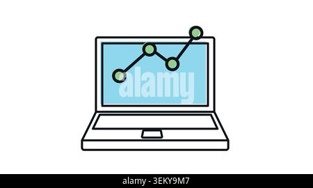 Laptop node chart analytics icon: portable notebook computer displaying line graph and connection nodes on screen, modern black line art with offset c Stock Vector