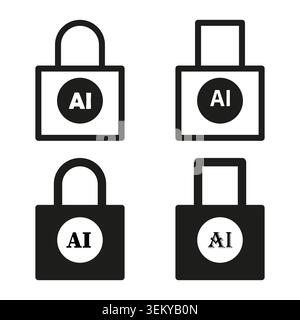 Artificial intelligence security lock and unlock icon set vector. Ideal for cybersecurity concepts and modern technology graphics. EPS 10. Stock Vector