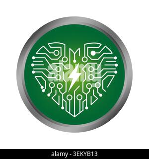 Green circuit heart button features green technology vector shape. Eco microchip emblem represents energy and complements life. eps 10 Stock Vector