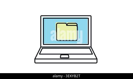 Laptop file management icon: portable notebook computer displaying folder symbol on screen, modern black line art with offset color fill vector for da Stock Vector