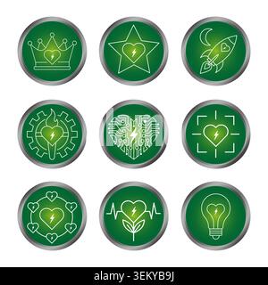 Eco energy icon set features green buttons vector shape. Technology emblems complement sustainability and enhance modern eco life. eps 10 Stock Vector