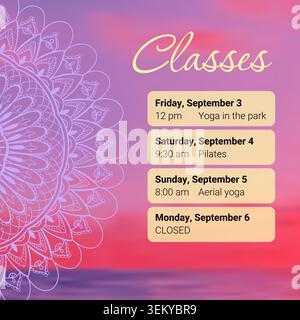 Yoga classes schedule against vibrant background Stock Vector