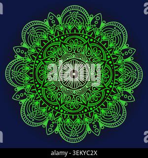 Vibrant green chakra mandala against deep blue Stock Vector