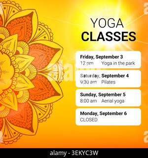 Vibrant mandala frames warm yoga class schedule Stock Vector