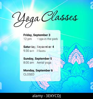 Yoga classes schedule glows with sunbeam warmth Stock Vector