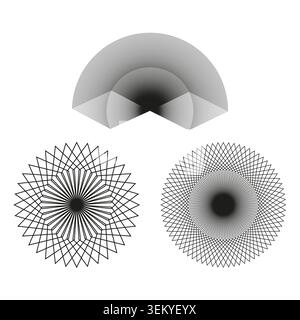 Set of abstract geometric line art and op art patterns vector. Ideal for futuristic branding and digital technology projects. EPS 10. Stock Vector