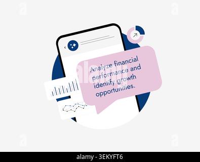 AI business assistant with financial performance analysis and growth opportunity recommendations mobile chat interface. Generate business insights, support strategic decisions with analytics Stock Vector