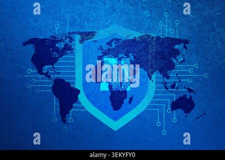 Artificial intelligence cybersecurity shield protecting global data network on a blue background, symbolizing worldwide digital threat protection and secure technological advancement Stock Photo