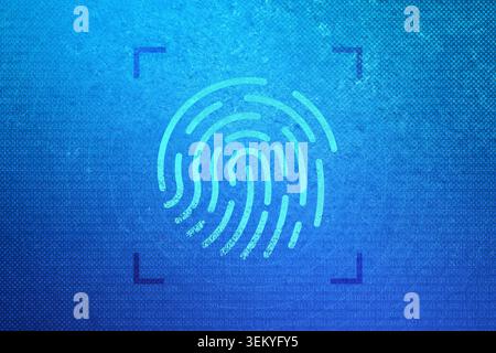 Fingerprint icon over blue binary background representing biometric authentication, digital identity protection and secure data access for cyber security, privacy and access control Stock Photo