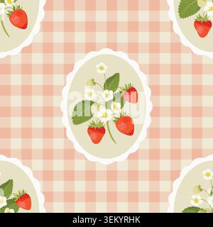 Rustic Seamless Pattern with a bunch of strawberries on a gingham background. Cute hand-drawn vector illustration. Stock Vector