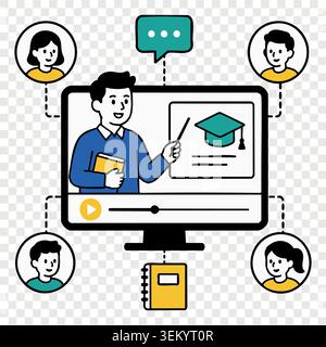 Teacher giving online video lecture via computer screen to virtual school students group Stock Vector