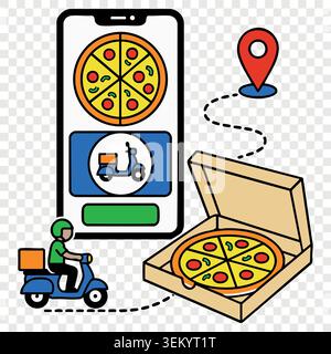 Online pizza ordering application navigation map concept with smartphone tracking route pin and box Stock Vector