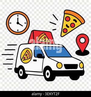 Fast pizza delivery van transport service illustration with clock slice box and navigation pin Stock Vector
