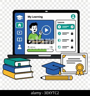 E-learning platform educational dashboard interface on screen with graduate cap diploma and books Stock Vector